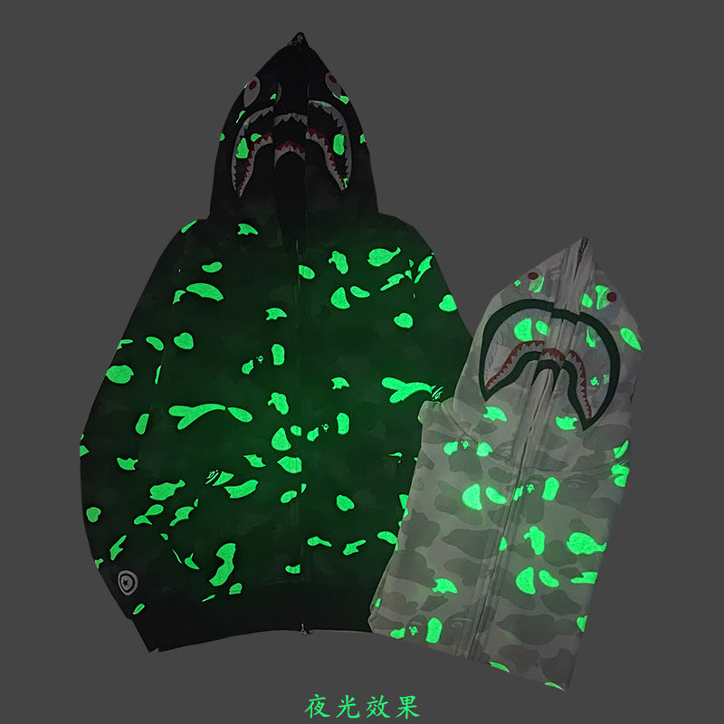 BAPE Glow Camo Shark Wide Full Zip Double Hoodies
